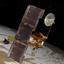 An artist's conception of NASA's 2001 Mars Odyssey craft orbiting the Red Planet.