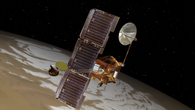 An artist's conception of NASA's 2001 Mars Odyssey craft orbiting the Red Planet.