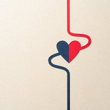 Blue and Red Heart Ventricle Connected With Artery and Vein on Beige Background Front View, Paper Cut Craft.