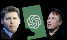 Elon Musk and Sam Altman with the OpenAI logo on a mobile device