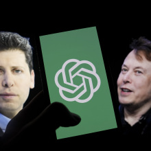 Elon Musk and Sam Altman with the OpenAI logo on a mobile device