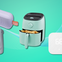 Bose SoundLink Flex speaker, Instax Mini 11, Dash air fryer, Amazon Echo Buds, and Amazon smart thermostat with teal background