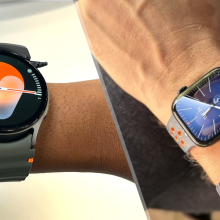 Samsung Galaxy Watch 7 vs. Apple Watch Series 9 split image