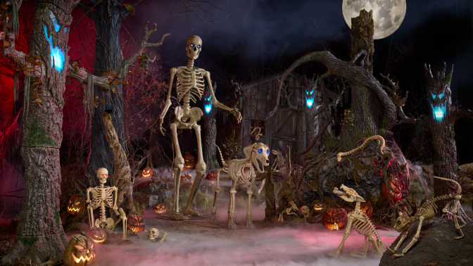 the 12-foot home depot skeleton next to its 7-foot skelly's dog in a spooky setting