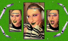 Three screenshots of Adrianna Kalisz's green and black "Beetlejuice lips" surrounded by broken injectables. 