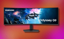 Samsung Odyssey G9 monitor on red and orange background