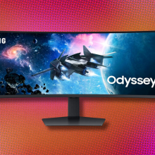 Samsung Odyssey G9 monitor on red and orange background