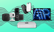 Blink security bundle, MacBook Air, Mac Mini, and two Tile Pros with teal background