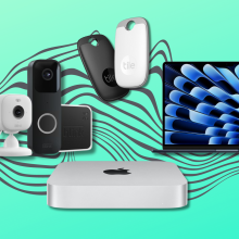 Blink security bundle, MacBook Air, Mac Mini, and two Tile Pros with teal background