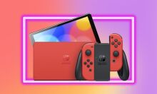 nintendo switch oled mario red edition dock and controllers with neon border