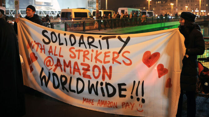 A demonstration supporting Amazon.com workers, during a day of global strike action by the company's employees, on Black Friday in Berlin, Germany, on Wednesday, Nov. 25, 2022. 