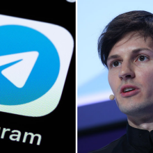 Two images. On the left, the Telegram app can be seen on the display of a smartphone. On the right, Pavel Durov, chief executive officer of Telegram, speaks during a keynote session at the Mobile World Congress in Barcelona, Spain, on Tuesday, Feb. 23, 2016. 