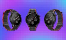 three amazfit watches on a dark purple pixelated background