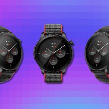 three amazfit watches on a dark purple pixelated background