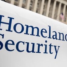 The Department of Homeland Security logo is seen on a law enforcement vehicle.