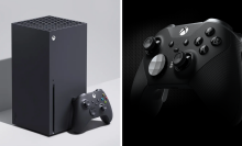 the xbox series x with its included wireless controller next to a close-up of the xbox elite series 2 wireless controller