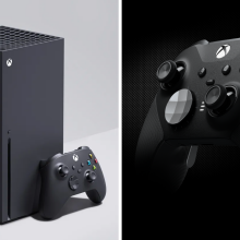 the xbox series x with its included wireless controller next to a close-up of the xbox elite series 2 wireless controller