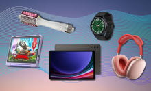 Amazon kids tablet, Shark SmoothStyle, Samsung Galaxy tablet, Galaxy watch, and AirPods Max with colorful background