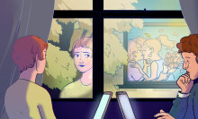 woman looking out the window fondly at two other women kissing, while male partner is in the room with her