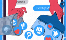 an illustration of hands  sweeping up imessage tapbacks into a garbage bin