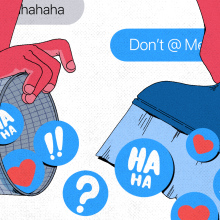 an illustration of hands  sweeping up imessage tapbacks into a garbage bin