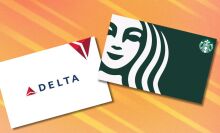 a delta gift card and a starbucks gift card on a orange streaky background