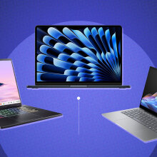 three laptops on sale during prime day against a blue background