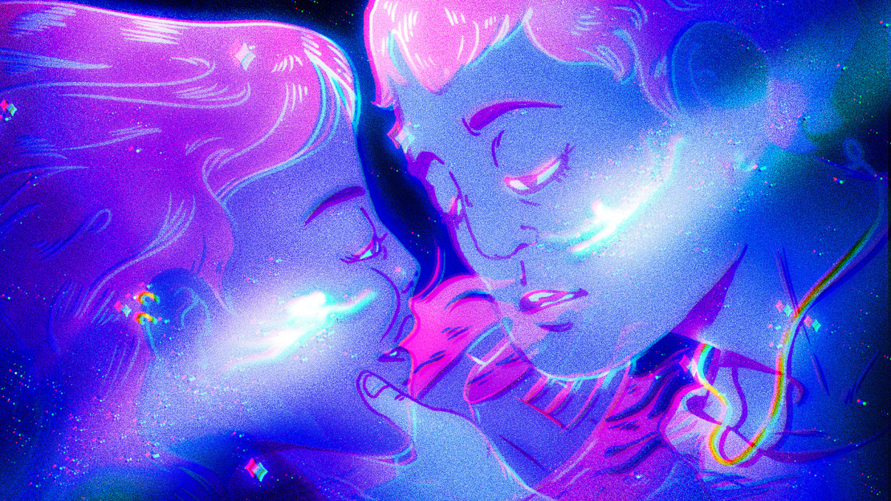 A closeup of an illustration of a man touching a woman's face as he seeks to kiss her. The couple are colored in cool blues and pinks with a solar flare to represent virtual touch. 