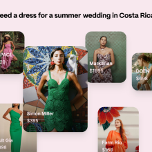 A sample prompt from Daydream's website — "I need a dress for a summer wedding in Costa Rica" — and photos of the results it may deliver.
