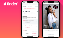 The Tinder logo appears next to two phone screens, one showing some information title Election Center, the other showing a profile of a young woman.