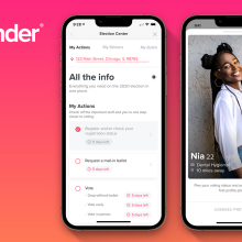 The Tinder logo appears next to two phone screens, one showing some information title Election Center, the other showing a profile of a young woman.