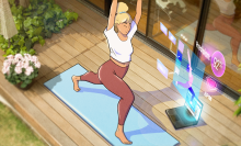 An illustration of a person doing yoga while mirroring a digital display.