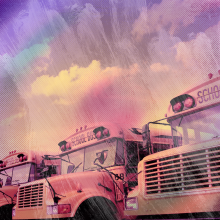 A row of school buses with a colorful tint.