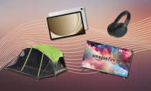 Coleman camping tent, Samsung tablet, Sony headphones, and Amazon Fire TV with pink gradient background