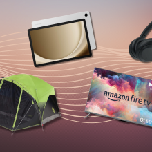 Coleman camping tent, Samsung tablet, Sony headphones, and Amazon Fire TV with pink gradient background