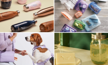 collage of product photos of stainless steel water bottles, colorful silicone bags, a person and a dog, bar of soap and mason jar