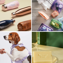 collage of product photos of stainless steel water bottles, colorful silicone bags, a person and a dog, bar of soap and mason jar