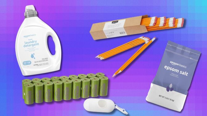 amazon laundry detergent, pencils, dog bags, and epsom salt on a purple pixelated background