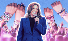 Vice President Kamala Harris surrounded by friendship bracelets. 