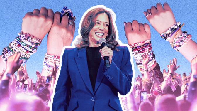 Vice President Kamala Harris surrounded by friendship bracelets. 