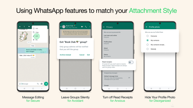 screenshots of 4 features, message editing, leave groups silently, turn off read receipts, and hide profile photo on whatsapp