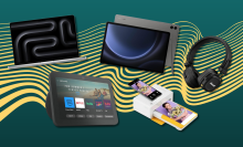 MacBook Pro, Samsung Galaxy Tab, Marshall headphones, Echo Show 8, and Kodak printer with green and yellow background