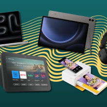 MacBook Pro, Samsung Galaxy Tab, Marshall headphones, Echo Show 8, and Kodak printer with green and yellow background