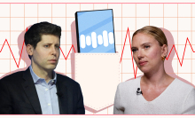 Sam Altman and Scarlett Johansson looking pensive against an illustrated background