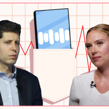 Sam Altman and Scarlett Johansson looking pensive against an illustrated background