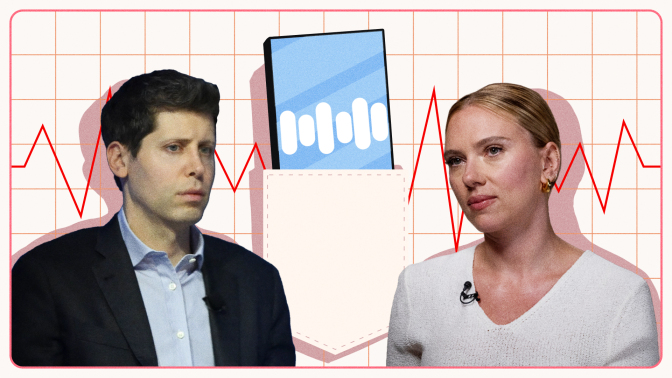 Sam Altman and Scarlett Johansson looking pensive against an illustrated background