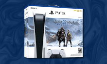 box art for the playstation 5 god of war ragnarok bundle against a dark blue swirled background