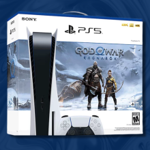 box art for the playstation 5 god of war ragnarok bundle against a dark blue swirled background