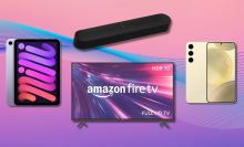 Apple iPad mini, Sonos Beam 2 soundbar, Amazon 2-Series Fire TV, and Samsung Galaxy S24+ with purple and pink gradient background