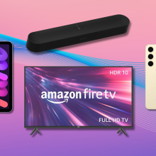 Apple iPad mini, Sonos Beam 2 soundbar, Amazon 2-Series Fire TV, and Samsung Galaxy S24+ with purple and pink gradient background